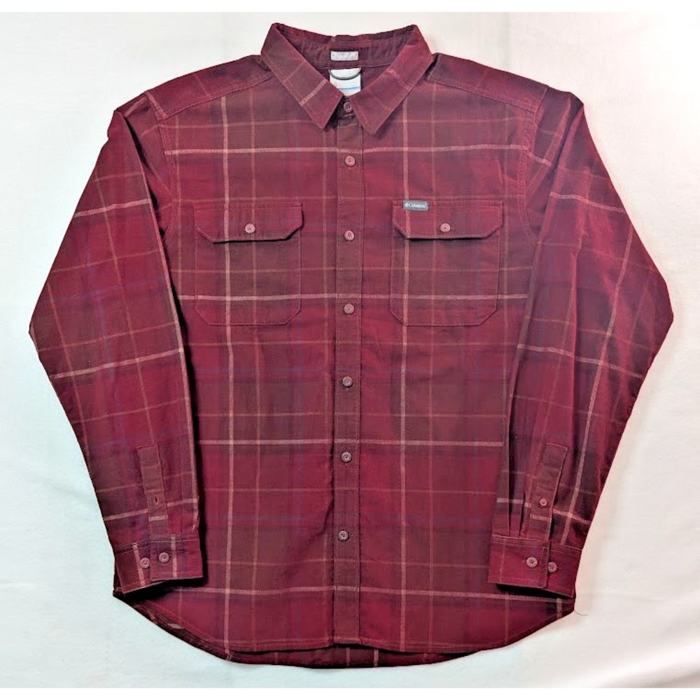 Columbia Corduroy Button Down Shirt Mens Large Burgundy Plaid Fine-Wale
